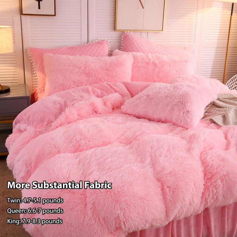 LIFEREVO Luxury Plush Shaggy Duvet Cover Set, Soft Velvet Fluffy Furry Duvet Cover Set(1 Faux Fur Fuzzy Comforter Cover + 2 Pom Poms Pillowcases) Solid Bedding Set, Zipper Closure(Full/Queen, Pink) - Image 4
